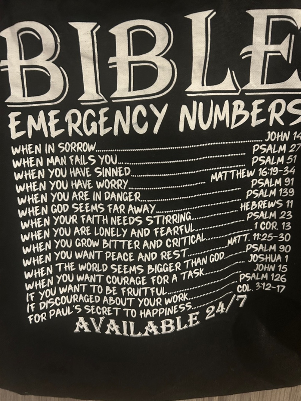 Bible Emergency Numbers Black Canvas Zipper Tote - Picture 2 of 2